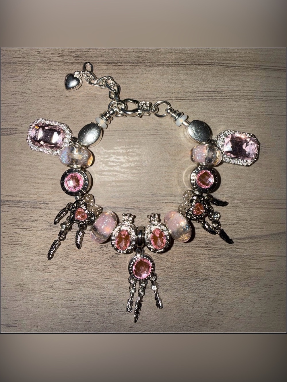 Stainless Steel Silver Bracelet with Pink Crystal & Iridescent Beads